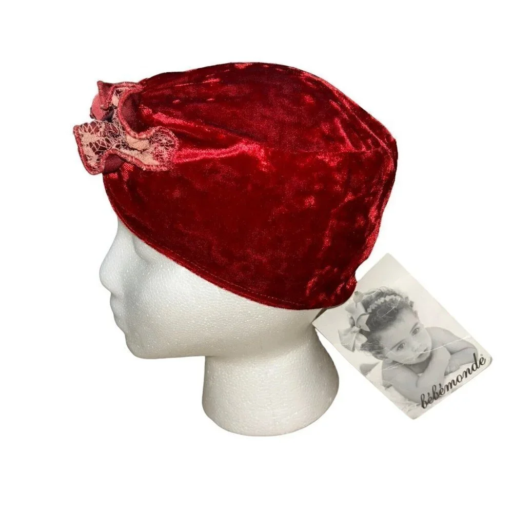 Bebemonde Girl's L Large Turban Hat Red Velvet Floral Applique Ruffle Front NWT
